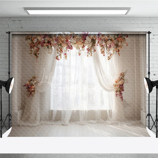 Lofaris Elegant White Sheer Curtain Photography Backdrop with Peach and Pink Floral Arch Romantic Wedding or Baby Shower Decor