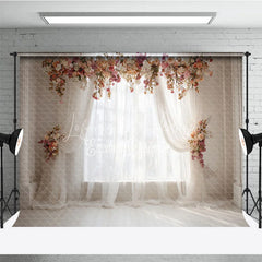 Lofaris Elegant White Sheer Curtain Photography Backdrop with Peach and Pink Floral Arch Romantic Wedding or Baby Shower Decor