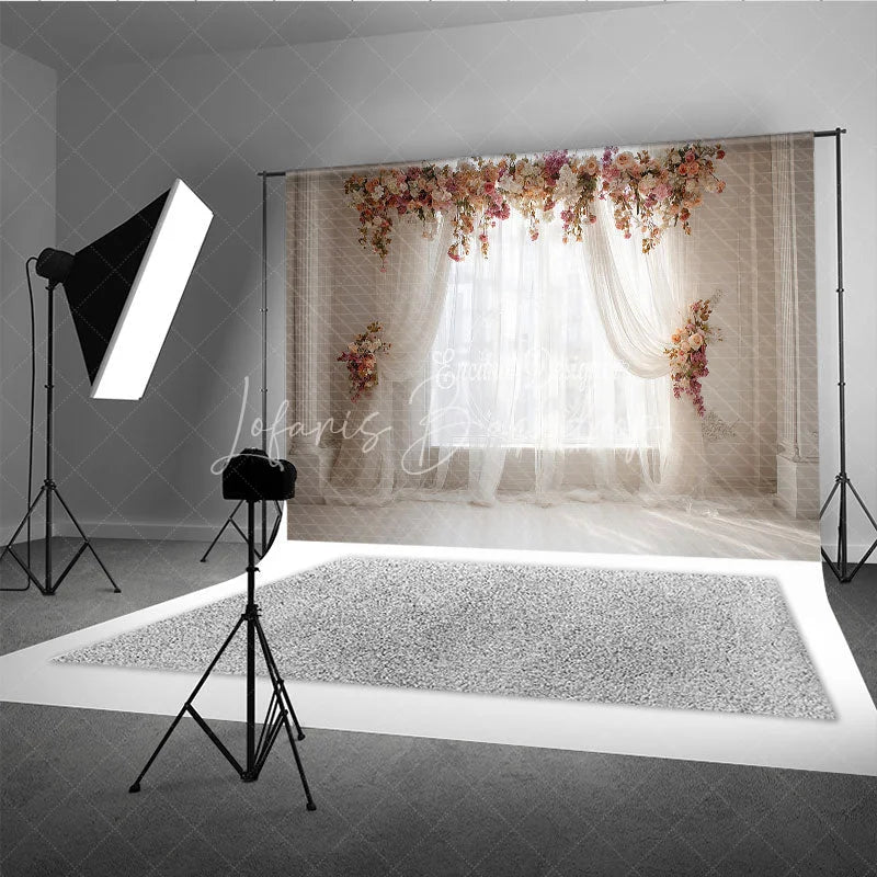Lofaris Elegant White Sheer Curtain Photography Backdrop with Peach and Pink Floral Arch Romantic Wedding or Baby Shower Decor