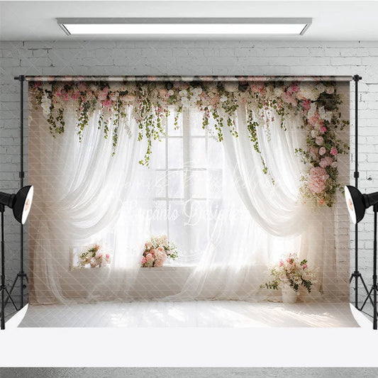 Lofaris Elegant White Sheer Curtains and Floral Window Photography Backdrop Romantic Pink Flowers Greenery Decor