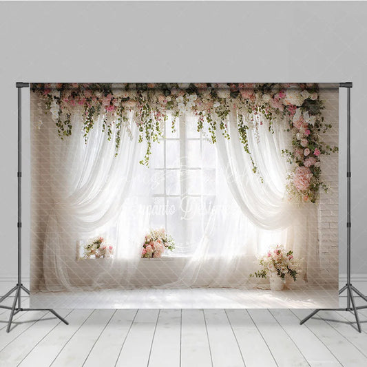 Lofaris Elegant White Sheer Curtains and Floral Window Photography Backdrop Romantic Pink Flowers Greenery Decor
