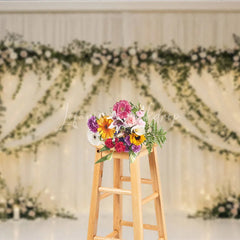 Lofaris Elegant White Sheer Drapes Photography Backdrop Romantic Floral Garlands and String Lights Decor