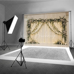 Lofaris Elegant White Sheer Drapes Photography Backdrop Romantic Floral Garlands and String Lights Decor