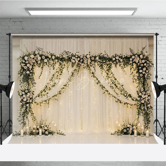 Lofaris Elegant White Sheer Drapes Photography Backdrop Romantic Floral Garlands and String Lights Decor