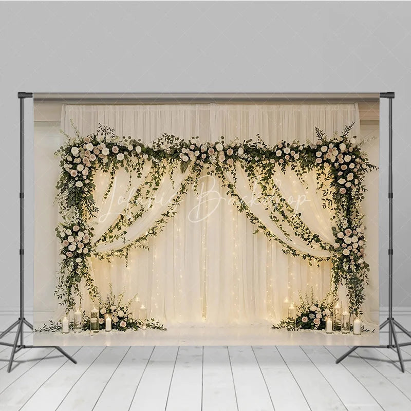 Lofaris Elegant White Sheer Drapes Photography Backdrop Romantic Floral Garlands and String Lights Decor