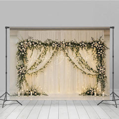 Lofaris Elegant White Sheer Drapes Photography Backdrop Romantic Floral Garlands and String Lights Decor