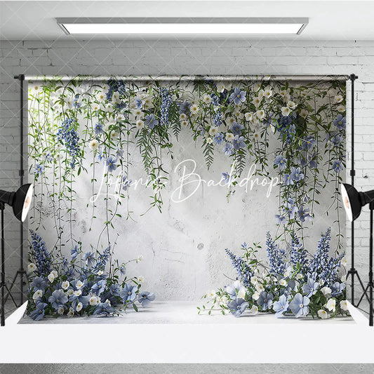 Lofaris Elegant White Textured Wall with Blue and Floral Vines Photography Backdrop Wedding Party Portrait Decor