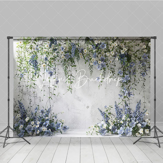 Lofaris Elegant White Textured Wall with Blue and Floral Vines Photography Backdrop Wedding Party Portrait Decor