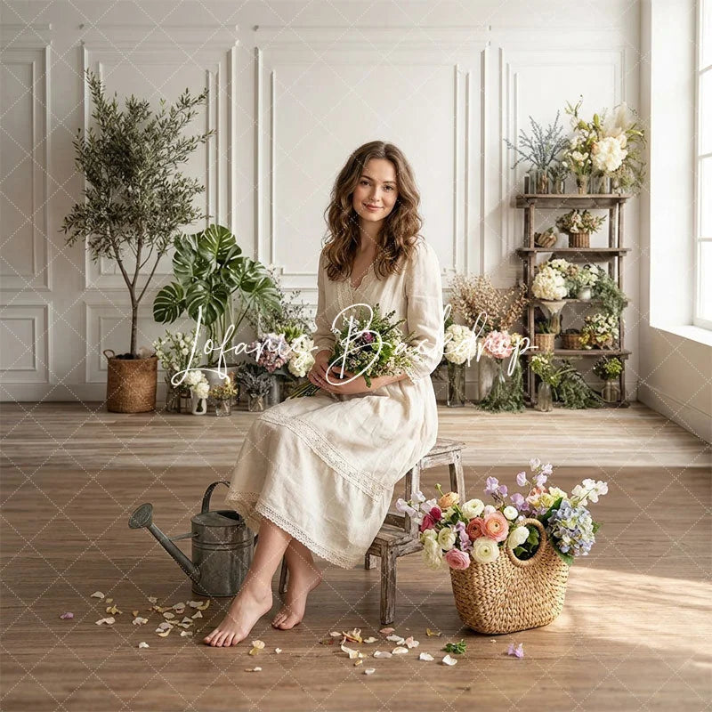 Lofaris Elegant White Wainscoting Wall and Wood Floor Combo Set Backdrop with Floral Greenery Decor for Studio Photography