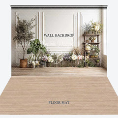 Lofaris Elegant White Wainscoting Wall and Wood Floor Combo Set Backdrop with Floral Greenery Decor for Studio Photography