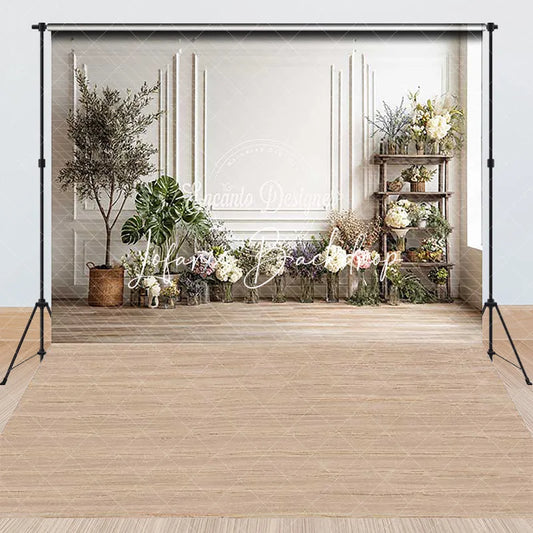 Lofaris Elegant White Wainscoting Wall and Wood Floor Combo Set Backdrop with Floral Greenery Decor for Studio Photography