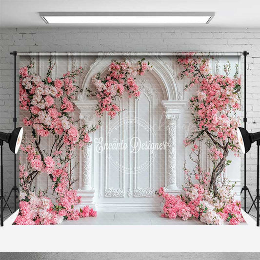 Lofaris Elegant White Wall Photography Backdrop Pink Cherry Blossoms Arch Spring Wedding or Bridal Shower Studio Photo Prop