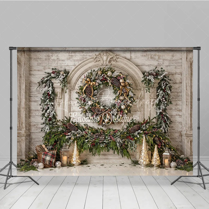 Lofaris Elegant White Wood Fireplace Christmas Holiday Backdrop Frosted Garland Pinecones and Red Berries Winter Celebration