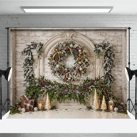 Lofaris Elegant White Wood Fireplace Christmas Holiday Backdrop Frosted Garland Pinecones and Red Berries Winter Celebration