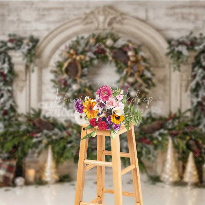 Lofaris Elegant White Wood Fireplace Christmas Holiday Backdrop Frosted Garland Pinecones and Red Berries Winter Celebration