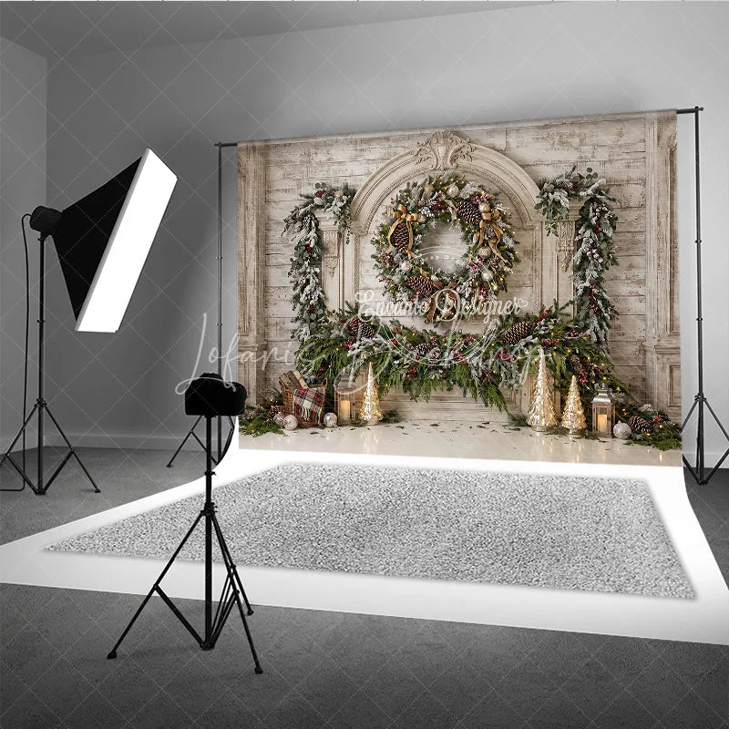 Lofaris Elegant White Wood Fireplace Christmas Holiday Backdrop Frosted Garland Pinecones and Red Berries Winter Celebration