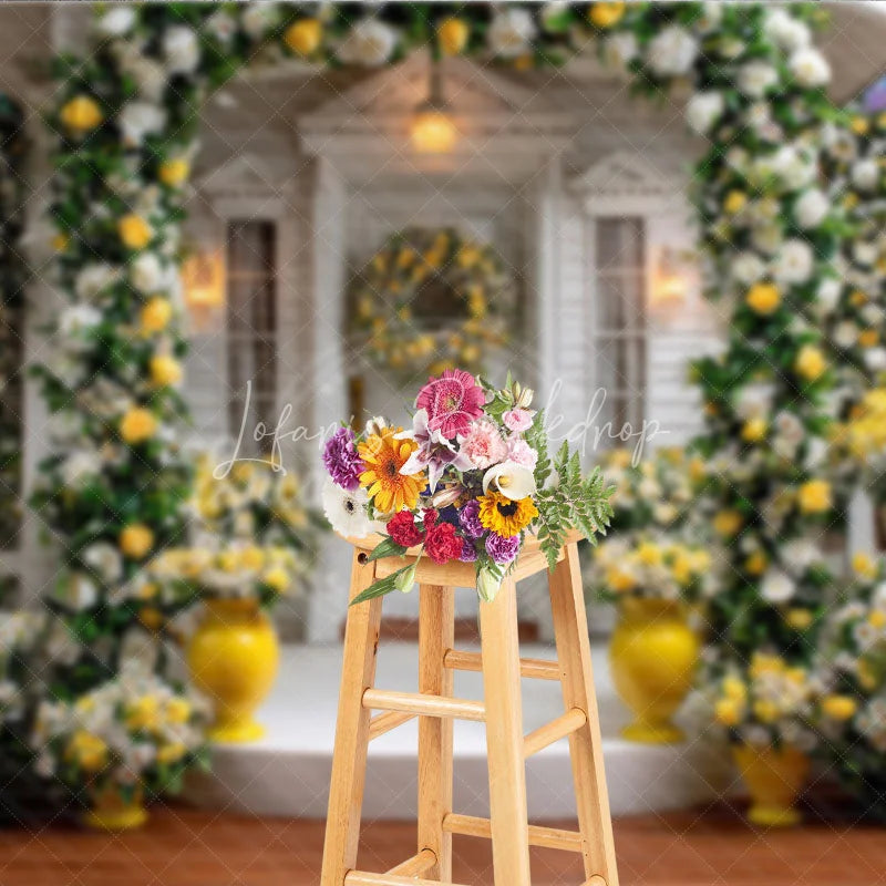 Lofaris Elegant White Wooden House Photography Backdrop with Yellow and Roses Floral Archway Garden Scene