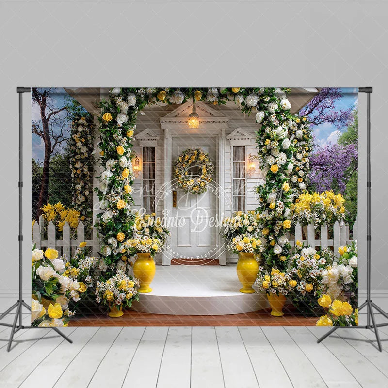 Lofaris Elegant White Wooden House Photography Backdrop with Yellow and Roses Floral Archway Garden Scene
