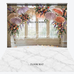 Lofaris Elegant Window Pillars Umbrellas Flowers Marble Floor Combo Set Backdrop Romantic Wedding Party Decor