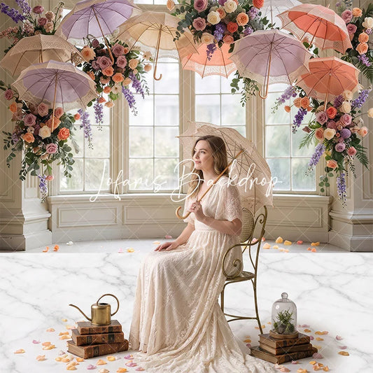 Lofaris Elegant Window Pillars Umbrellas Flowers Marble Floor Combo Set Backdrop Romantic Wedding Party Decor