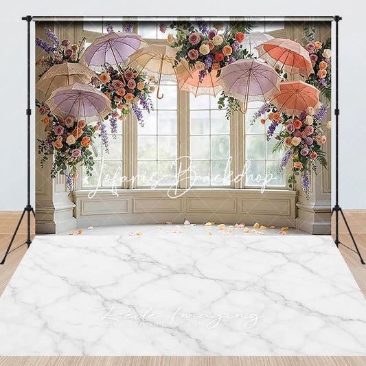 Lofaris Elegant Window Pillars Umbrellas Flowers Marble Floor Combo Set Backdrop Romantic Wedding Party Decor