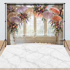 Lofaris Elegant Window Pillars Umbrellas Flowers Marble Floor Combo Set Backdrop Romantic Wedding Party Decor