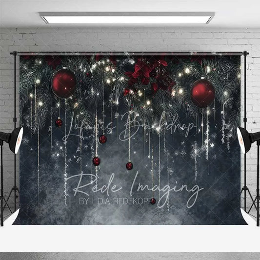 Lofaris Elegant Winter Night Backdrop Dark Grey Wall Hanging Icicles Red Ornaments Photo Background