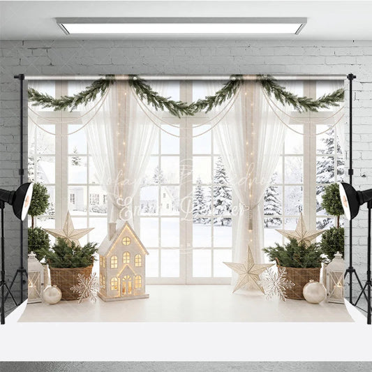 Lofaris Elegant Winter Window Holiday Backdrop with Snow Scene Festive Garlands and Illuminated House Decor