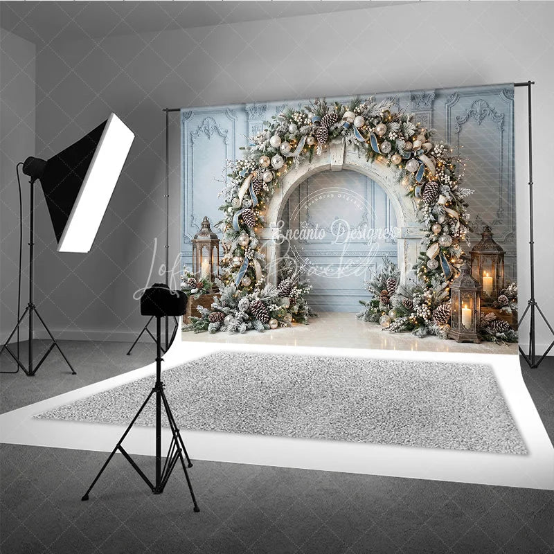 Lofaris Elegant Winter Wonderland Holiday Backdrop Frosted Pine and Ornaments with String Lights Archway