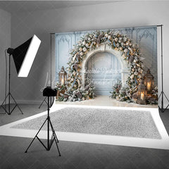 Lofaris Elegant Winter Wonderland Holiday Backdrop Frosted Pine and Ornaments with String Lights Archway