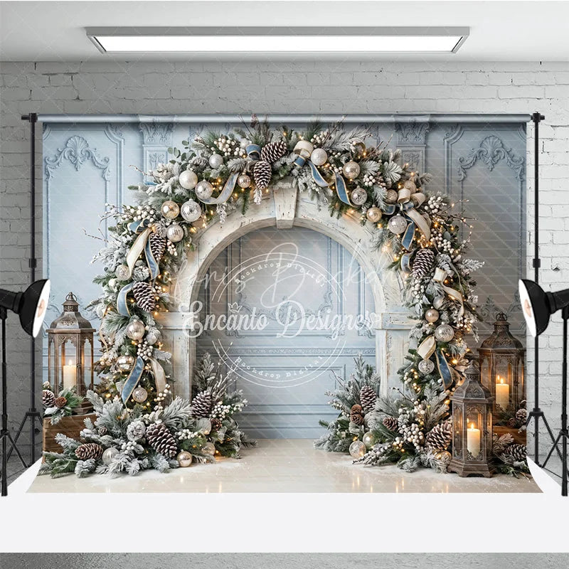 Lofaris Elegant Winter Wonderland Holiday Backdrop Frosted Pine and Ornaments with String Lights Archway