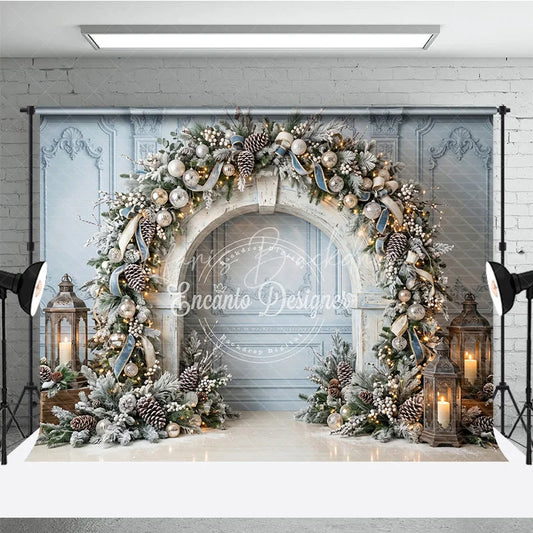 Lofaris Elegant Winter Wonderland Holiday Backdrop Frosted Pine and Ornaments with String Lights Archway