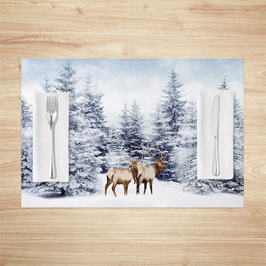 Lofaris Elk Snowland Pine Forest Winter Set Of 4 Placemats