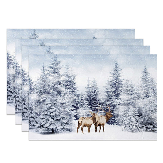 Lofaris Elk Snowland Pine Forest Winter Set Of 4 Placemats