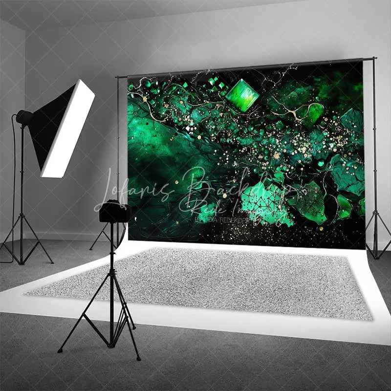 Lofaris Emerald Green Fluid and Cubic Gems Backdrop Gold Speckles Abstract Photography Background Elegant Party Decor