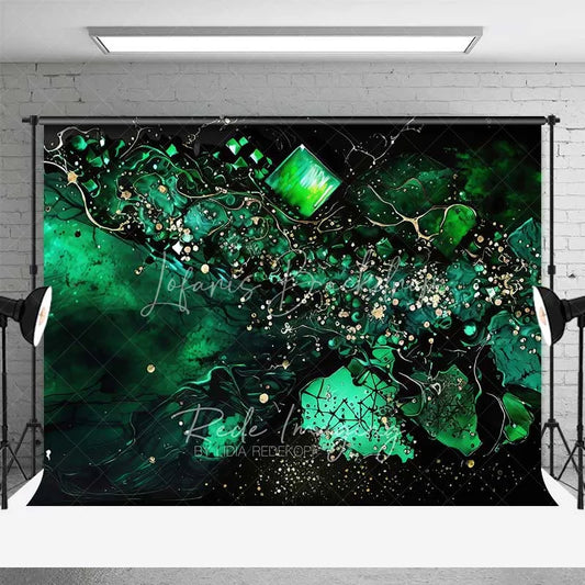 Lofaris Emerald Green Fluid and Cubic Gems Backdrop Gold Speckles Abstract Photography Background Elegant Party Decor