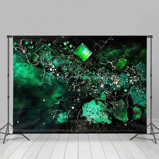 Lofaris Emerald Green Fluid and Cubic Gems Backdrop Gold Speckles Abstract Photography Background Elegant Party Decor