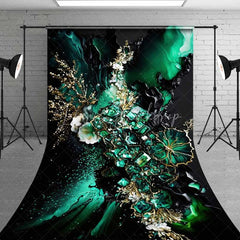 Lofaris Emerald Green Fluid Art and Gold Floral Backdrop Luxury Abstract Geode Texture Photography Background