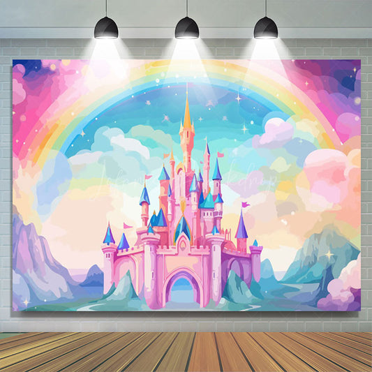 Lofaris Enchant Pink Castle Golden Crowns rainbow Backdrop