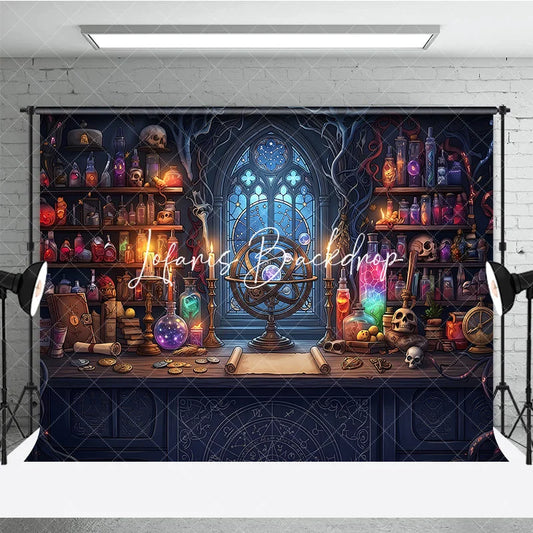 Lofaris Enchanted Alchemist Workshop Photography Backdrop Gothic Window Celestial Armillary Sphere Magical Potions and Scrolls