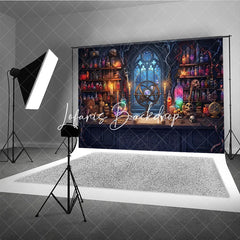 Lofaris Enchanted Alchemist Workshop Photography Backdrop Gothic Window Celestial Armillary Sphere Magical Potions and Scrolls