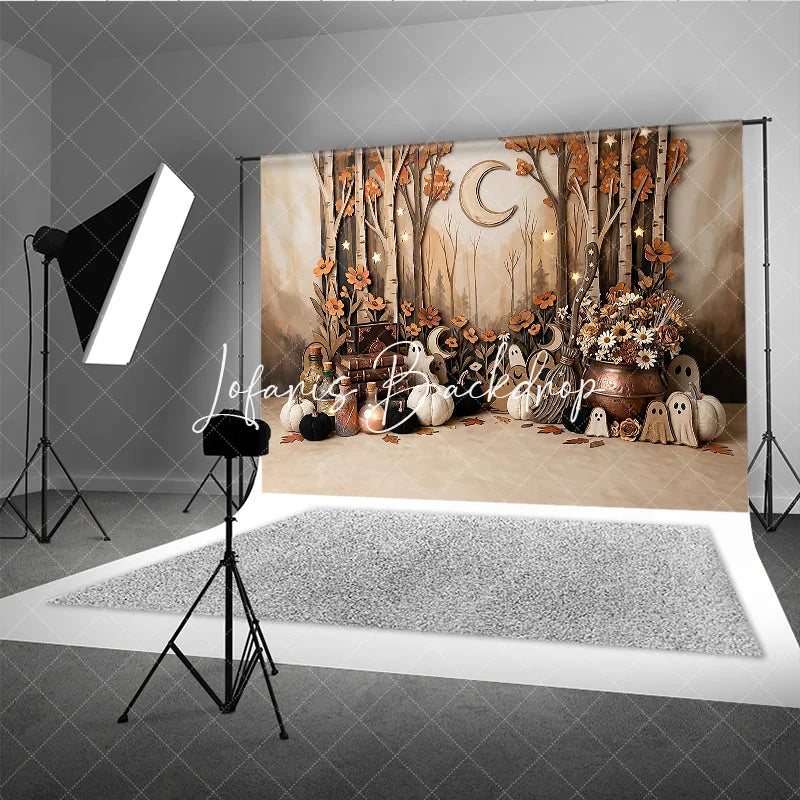 Lofaris Enchanted Autumn Forest Photography Backdrop featuring Ghosts Pumpkins Stars and Crescent Moon for Halloween
