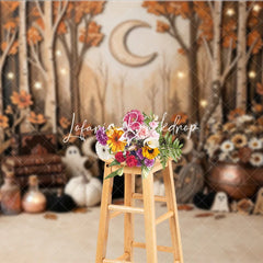 Lofaris Enchanted Autumn Forest Photography Backdrop featuring Ghosts Pumpkins Stars and Crescent Moon for Halloween
