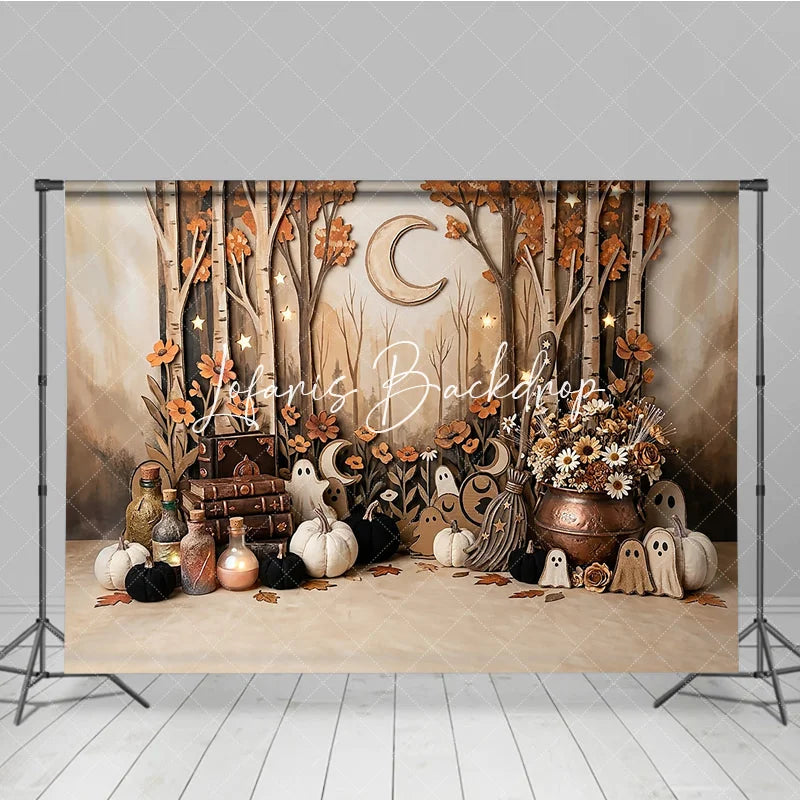 Lofaris Enchanted Autumn Forest Photography Backdrop featuring Ghosts Pumpkins Stars and Crescent Moon for Halloween