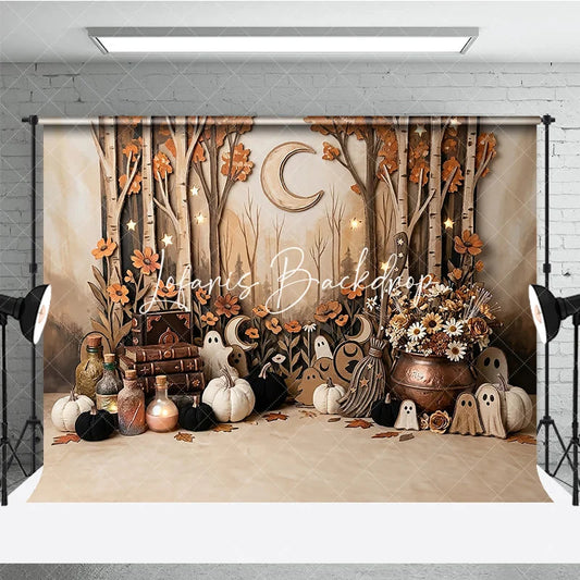 Lofaris Enchanted Autumn Forest Photography Backdrop featuring Ghosts Pumpkins Stars and Crescent Moon for Halloween