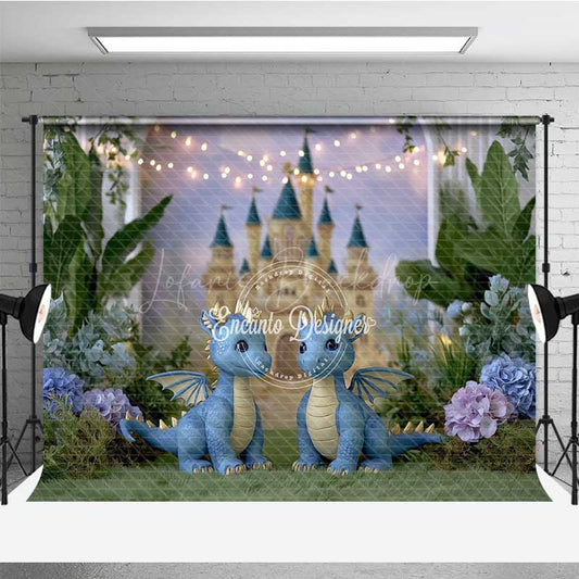 Lofaris Enchanted Castle Cake Smash Photography Backdrop Cute Twin Dragons with Fairy Lights Magical Birthday Prop