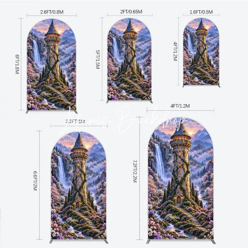 Lofaris Enchanted Castle Tower Waterfall Round Top Arch Backdrop Magical Fairytale Cherry Blossom Forest Sunset Decor