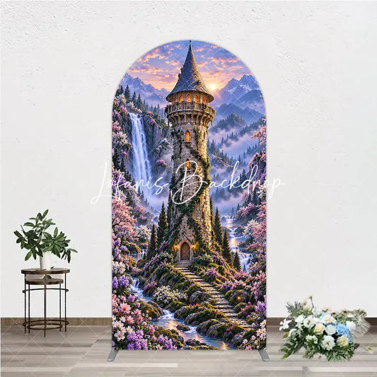 Lofaris Enchanted Castle Tower Waterfall Round Top Arch Backdrop Magical Fairytale Cherry Blossom Forest Sunset Decor