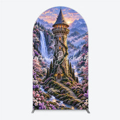 Lofaris Enchanted Castle Tower Waterfall Round Top Arch Backdrop Magical Fairytale Cherry Blossom Forest Sunset Decor