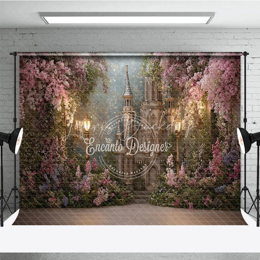 Lofaris Enchanted Castle with Pink and Purple Flowers Photography Backdrop Magical Fairytale Princess Birthday Party Decor.
